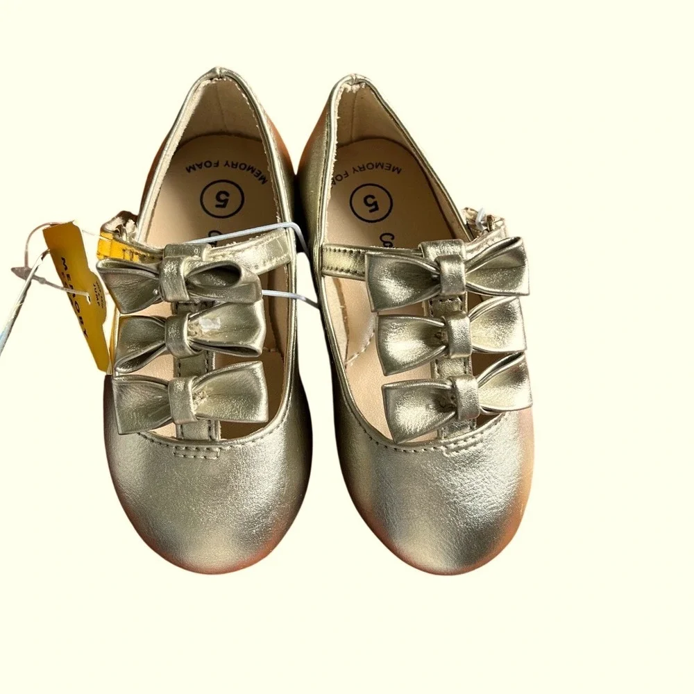 Cat & Jack Girls‎ Gold Metallic Triple Bow Mary Jane Dress Shoes Size 5 Baby NEW